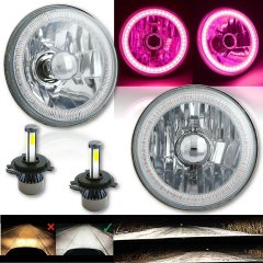 5 3/4 Inch Pink SMD LED Halo Angel Eye H4 Headlight w/ 6k 20/40w LED Light Bulb Pair Octane Lighting