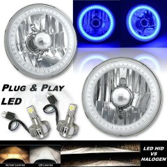 5 3/4 Inch Blue SMD LED Halo Angel Eye Crystal Clear Headlight & 6k LED Bulb Pair Octane Lighting