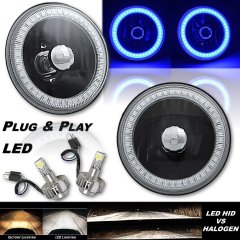 5 3/4 Inch Crystal SMD Blue LED Halo Angel Eye Black Headlight & LED Light Bulb Pair Octane Lighting