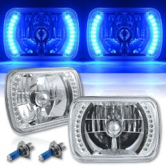 7X6 Blue LED Halo Halogen Crystal Clear Headlights Angel Eye Light H4 Bulbs Pair