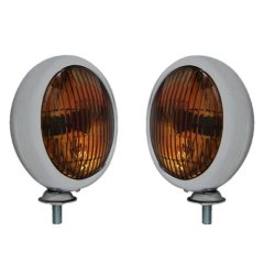 Chrome Vintage Amber 5" Fog Light Housing & Halogen H3 Bulb Glass Lens 6V Pair