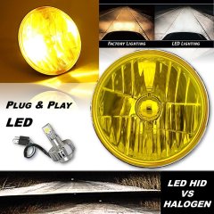 7" Motorcycle Yellow Amber Glass Headlight w/ 6000k LED Fog Light Bulb: Harley