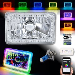 (1) 4x6" Bluetooth RGB SMD LED Color Chasing Halo Shift Angel H4 Bulb Headlight