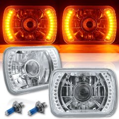 7X6 Amber LED Halo Projector Halogen Crystal Headlights Angel Eye H4 Light Bulbs