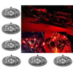 6Pc Red LED Chrome Modules Motorcycle Chopper Frame Neon Glow Lights Pods Kit