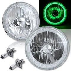 7" Halogen H4 Headlight Headlamp Green LED Halo Angel Eyes Light Bulbs 12 Volt
