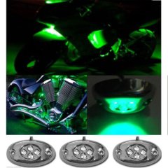 3Pc Green LED Chrome Modules Motorcycle Chopper Frame Neon Glow Lights Pods Kit