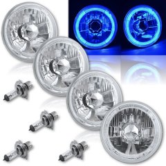 5-3/4" Blue LED Halo Halogen Light Bulb H4 Headlight Angel Eye Crystal Clear Set