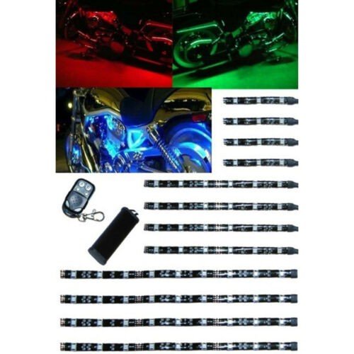12Pc Motorcycle RGB/Red/Green/Blue/Yellow Glow Lights Flexible LED Strips Kit