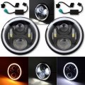 7" Black Projector 6500K HID LED Headlight Lamp W/ White And Amber Halo Light Pair