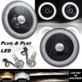 5-3/4" Crystal SMD White LED Halo Angel Eye Black Headlamp & LED Light Bulb Pair