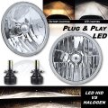 7" Crystal Glass Lens/Metal Headlight 12v LED 26/40w H4 Light Bulb Headlamp Pair