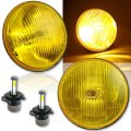 7" H6024/6014 Yellow Stock Glass Headlamp w/ H4 6K 20/40w LED Fog Lamp Bulb Pair