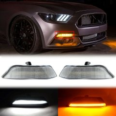 LED White Amber Turn Signal Clear Front Corner Lens Pair For 15-17 Ford Mustang Octane Lighting