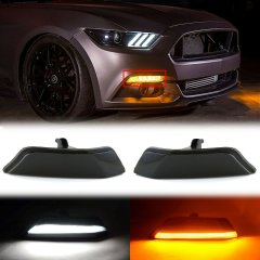 LED White Amber Turn Signal Smoked Front Corner Lens Pair For 15-17 Ford Mustang Octane Lighting