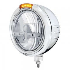 Stainless "Classic" Embossed Stripe Peterbilt Headlight w/ Amber Signal Lens / 5 LED 7" Round | Headlight - Complete Kits