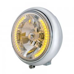 Chrome 7" Motorcycle Grooved Headlight w/ 34 Amber LED Bulb | Motorcycle Products