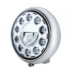 Chrome 7" Motorcycle Grooved Headlight w/ Chrome 11 LED Bulb | Motorcycle Products