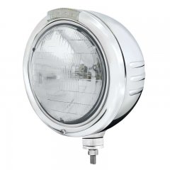 Stainless "Classic" Embossed Stripe Peterbilt Headlight w/ Clear Signal Lens / H6024 Halogen | Headlight - Complete Kits