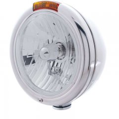 Stainless "CLASSIC" Headlight - Crystal H4 Bulb w/ Incandescent Turn, Amber Lens | Headlight - Complete Kits