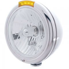 Stainless "CLASSIC" Headlight - Crystal H4 Bulb w/ Amber LED/Amber Lens | Headlight - Complete Kits