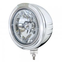 Stainless "Bullet" Embossed Stripe Peterbilt Headlight w/ Clear Signal Lens / 34 White LED Crystal Halogen | Headlight - Complete Kits