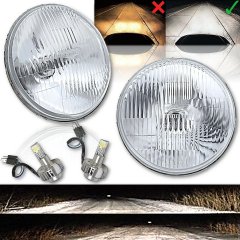 7" Stock Glass Lens/Metal Headlight LED 6K 18/24w H4 Light Bulb Headlamp Pair