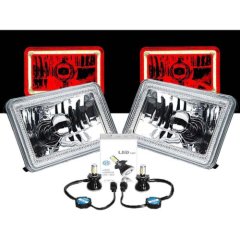 4X6" Red COB Halo Glass / Metal 6000K 4000LM LED Headlight H4 Light Bulb Pair