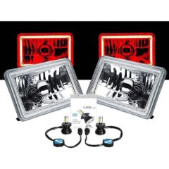 4X6" Red COB Halo Glass / Metal 6000K 4000LM LED Headlight H4 Light Bulb Pair