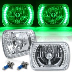 7X6 Green LED Halo Halogen Crystal Clear Headlights Angel Eye H4 Light Bulbs Pr