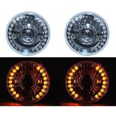 7" Projector Halogen Amber LED Halo Turn Signal Headlight Crystal H4 Light Bulbs