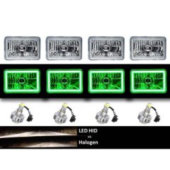 4X6" Green COB Halo Glass/Metal Headlight 6K LED H4 Light Bulb Headlamp Set