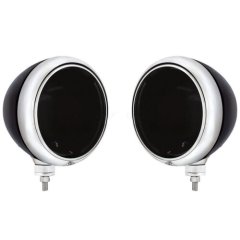 7" Black Guide Style Headlight Lamp Bucket Housing w/Chrome Rim Bezel Pair