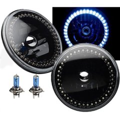 7" Black Halogen Headlight White LED Halo Angel Eye Headlamp 6K Light Bulb Pair