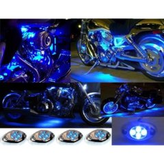 4Pc Blue LED Chrome Modules Motorcycle Chopper Frame Neon Glow Lights Pods Kit