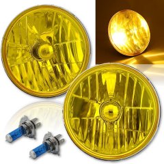 7" Yellow Amber Crystal Glass Headlight Halogen Fog Light Pair For Jeep Wrangler