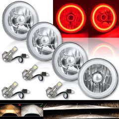 5-3/4" Red COB LED Halo Angel Eye Crystal Clear Headlamp w/ 6k LED Bulb Set of 4