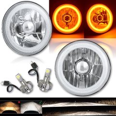 5-3/4 Amber COB LED Halo Angel Eye Crystal Clear Headlamp 6k LED Light Bulb Pair