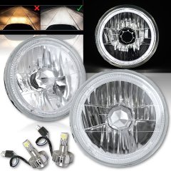 7" White LED Halo Angel Eye 12V Headlight Headlamp w/ 6k LED H4 Light Bulbs Pair