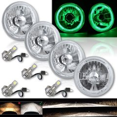 5-3/4" Green LED Halo Angel Eye Crystal Clear Headlight w/ 6k LED Bulb Set of 4