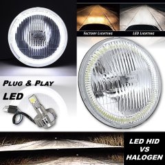 7" Halogen H4 Stock Headlight Headlamp White COB Halo Angel Eye & LED Light EACH