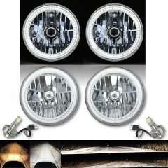 7" White SMD LED Halo Angel Eye Crystal Clear Headlight & H4 6500k LED Bulb Pair