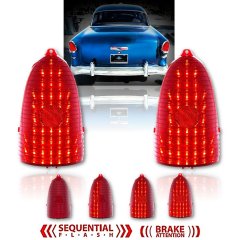 55 Chevy Red LED Sequential Tail Brake Light Back Up Delete Lenses Bel Air Pair