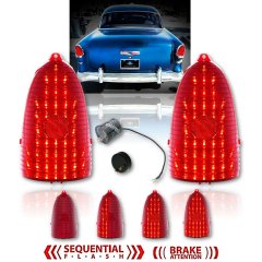 55 Chevy Red LED Sequential Tail Brake Light Back Up Delete Lens & Flasher Pair