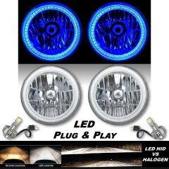 7" Blue SMD LED Halo Angel Eye Crystal Clear H4 Headlight & 6500k LED Bulb Pair