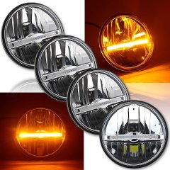 5 3/4” LED High/Low Glass Headlight Bulb w/ Amber LED Position Light Bar Set - 4