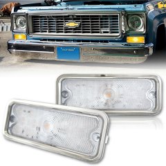 Front Amber LED Clear Park Lamp Lens Stainless Trim PR for 73-80 Chevy GMC Truck