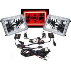 4X6" Red LED COB Halo Crystal Glass/Metal Headlight H4 6K HID Light Bulb Pair