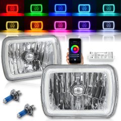 7X6 Bluetooth Color Change RGB SMD LED Halo Headlight Halogen Light Bulb Pair