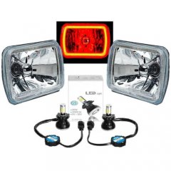7X6 Red COB Halo Glass/Metal Headlight 40W LED Light Bulb Headlamp Pair